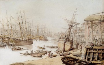  Quai Art - Une vue sur la Tamise avec de nombreux navires et des personnages sur la caricature du quai Thomas Rowlandson